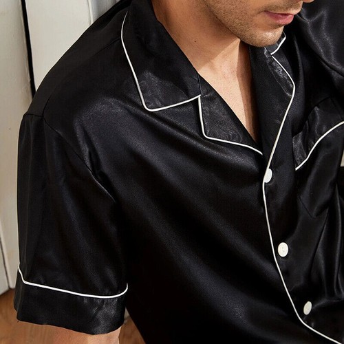 Lässiger Herren Seide Satin Pyjama Set Oberteil und Shorts Nachtwäsche Nachtwäsche Pyjama  - Bild 11 von 28
