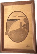 Hudson River Wood Inlay Marquetry Of Manatee Signed Nelson  - 9.5 x 6.5 Framed