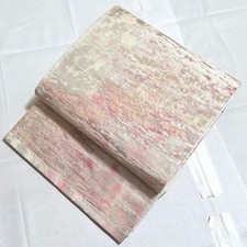 Silk Kimono Obi Belt Haze Pattern Silver Thread Light Pink 6-Panel Used