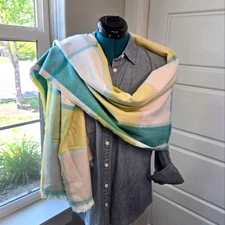 NWT BANANA REPUBLIC OVERSIZE BLANKET SCARF SHAWL WRAP CITRON BLUE PLAID WOMEN OS
