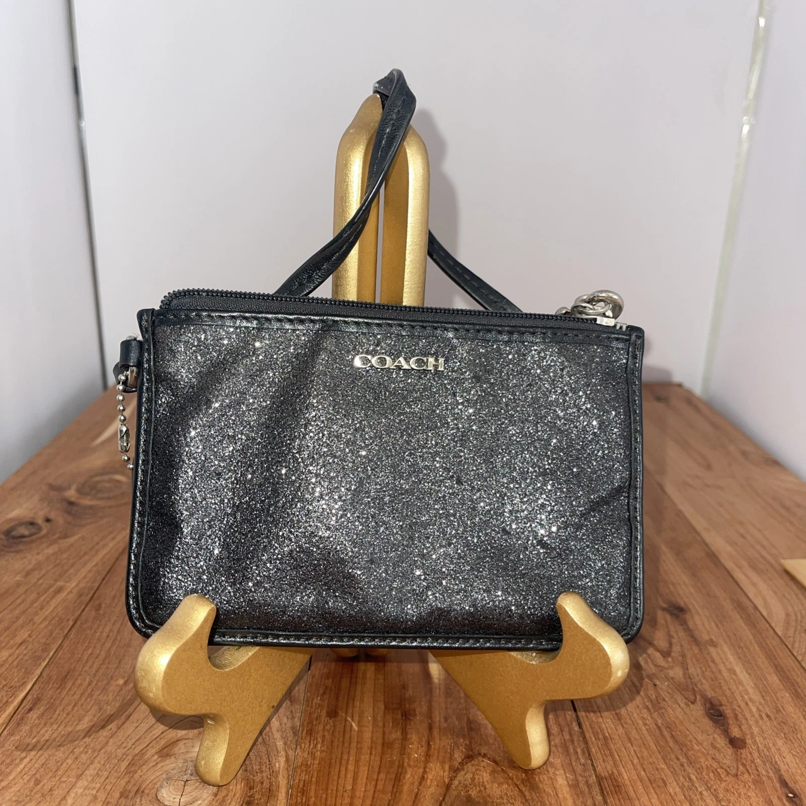 Coach Portafoglio Grigio Antracite Metallizzato Porta Carte di Credito Piccolo Vintage