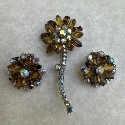 Vintage Brooch & earrings Brown Rhinestone Flower AB Stem Daisy MCM 50s 60s