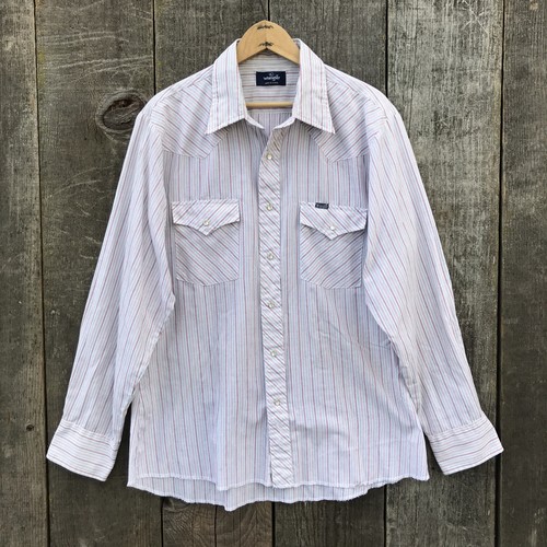 Vintage 1970s Wrangler Pearl Snap Paper Thin Pin Stripe Western Shirt Large - Picture 1 of 6