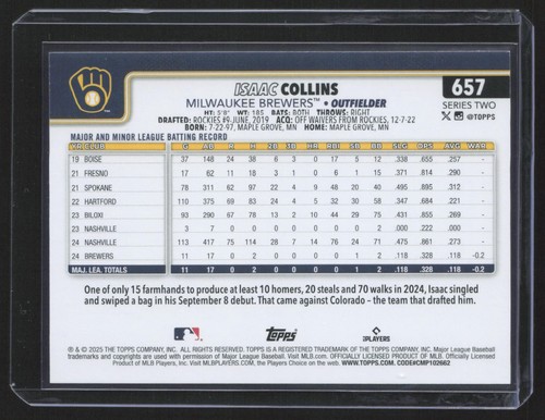 2025 Topps Series 2 - Isaac Collins #657 (RC) - Bild 2 von 2