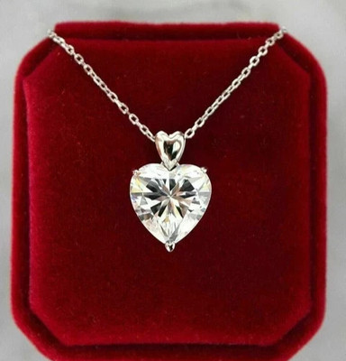 3 CTW Moissanite 9mm Heart Cut Women's Pendant 18'' Chain 14K White Gold Plated