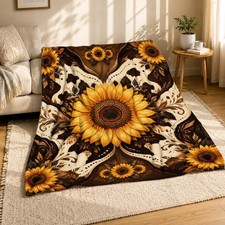 Sunflower Cow Coral Fleece Blanket Farmhouse Animal Decor