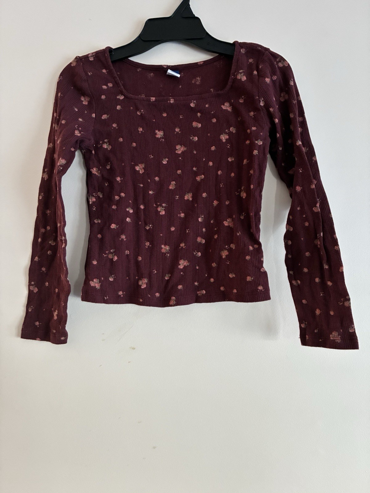 Old Navy Kids Girls Floral Cotton Blend Square Neck Long Sleeve Shirt Red Wine L