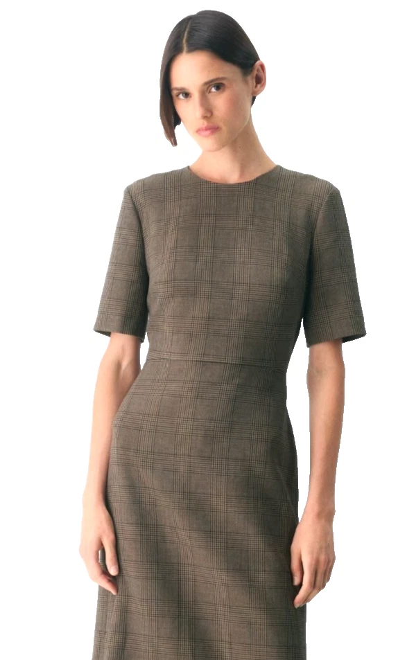 Vestido Aritzia Babaton Keeper gola redonda midi marrom xadrez acastanhado 6 $178 novo com etiquetas - Imagem 4 de 4