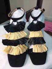 Boden Black Natural Raffia Fringe Sarah Ankle Strap Heels Sandals 40  UK 7