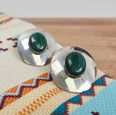 Vintage Selena Jake Navajo Signed Sterling Silver 925 Malachite Disc Earrings SJ