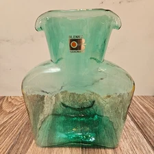 Blenko Glass Teal Green Water Bottle Vase Double Spout Pitcher 8" Tall