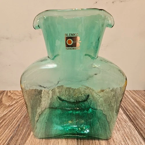 Blenko Glass Teal Green Water Bottle Vase Double Spout Pitcher 8" Tall