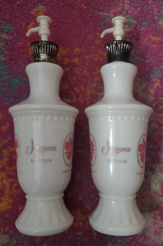 RARE EXC LOT OF 2 1950's ERA JERGENS LOTION PINK ROSE MILK GLASS BOTTLES W/PUMPS