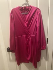 Alex Marie Pink Satin Wrap Bishop Sleeve V-Neck Short Wrap Dress Size 18