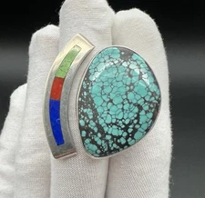 Huge Navajo Spiderweb Kingman Turquoise Lapis Gaspeite Ring By Marvin Slim