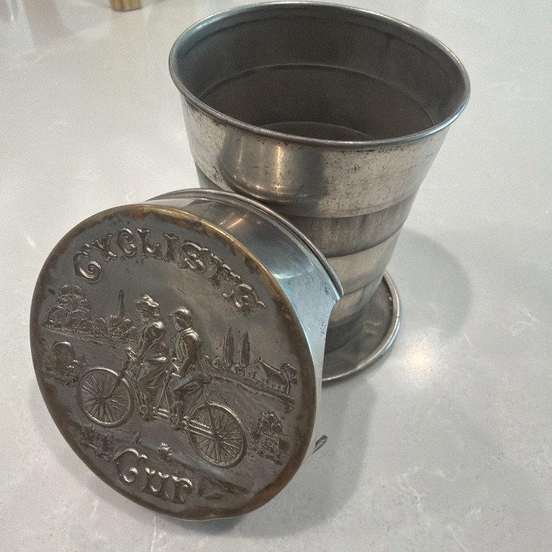 Antique Cyclist's Cup, Collapsible Metal Drinking Cup patented in 1897