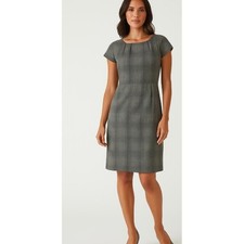 Black Grey Check Round Neck Career Office Lined Dress Pockets Belted Cap Sleeve