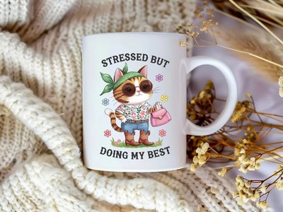 Stressed But Doing My Best Cat Keramiktasse Geschenk für Katzenliebhaber lustige Katze Tasse UK