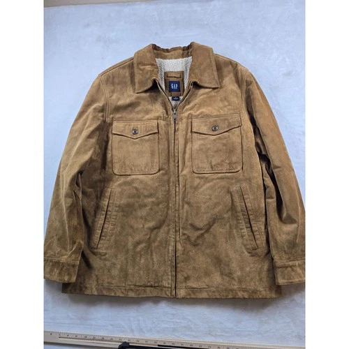 Vintage GAP Leather Suede Sherpa Jacket Mens XL Tan Brown Zip Car Coat Trucker image 2