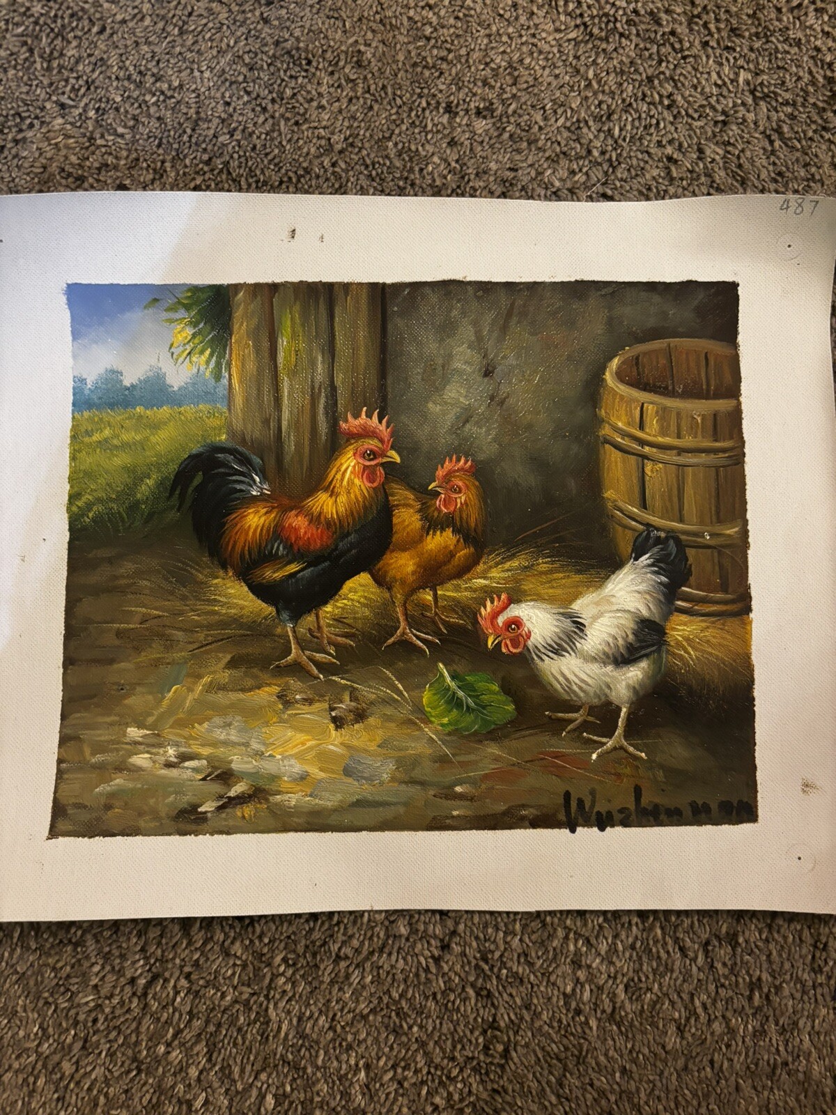 Chickens Bird Real Oil Painting On Canvas Background 9”x11”