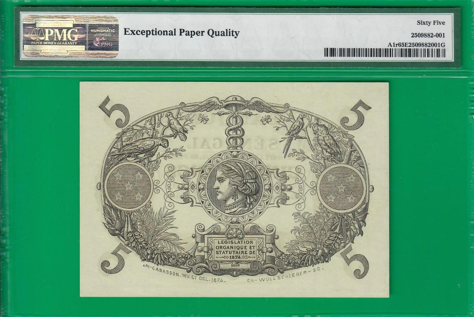 Senegal 5 francs 1874 remainder, A1r, graded PMG UNC *65* EPQ, best sold @ ebay! - Image 2 of 2