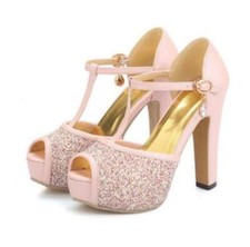 Women s Glitter Rhinestone Sandal Evening T Strap High Platform Heel Party Shoes