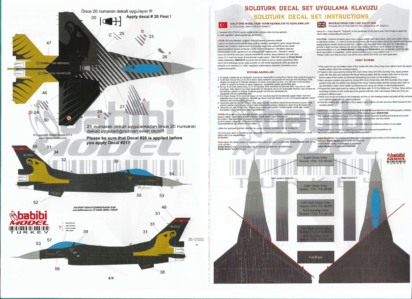 1/48 Soloturk, Turkish Air Force Solo Acroteam F16C Decal Set Free