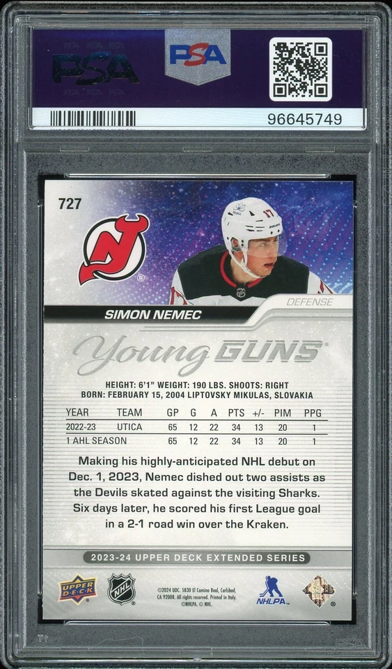 2023-24 Upper Deck Extended Series Young Guns #727 Simon Nemec RC PSA 9 Devils - Image 2 of 2