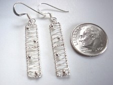 Silver Fine Mesh in Long Rectangle w/ Silver Ball Accents 925 Sterling Earrings