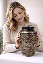 Cremation Urn for Human Ashes with Gold Engraving – Handmade Brass Memorial Urn