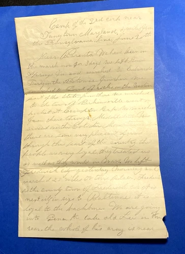 Original Gettysburg Campaign Letter, 30 June 1863 Taneytown, MD. 11th Mass. Vols