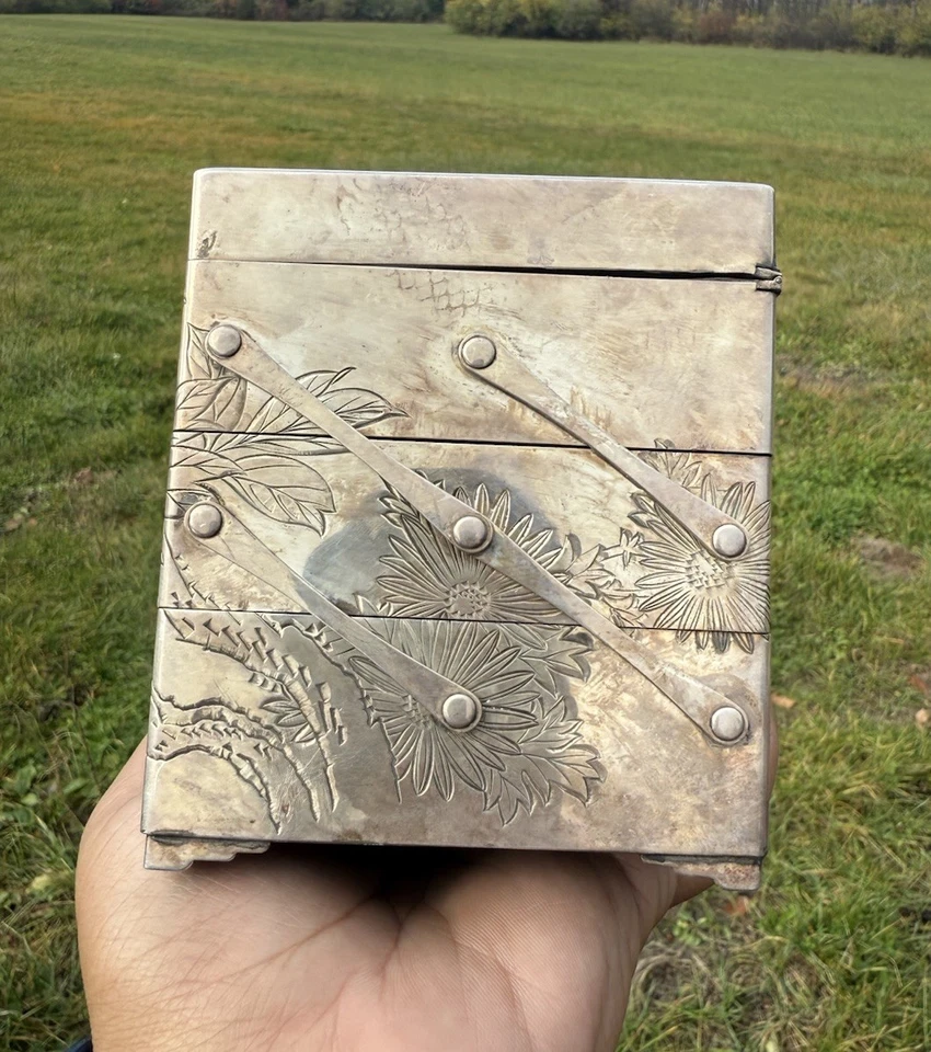 Caixa de joias antiga japonesa do período Meiji (1868–1912) prata esterlina 3 camadas - Imagem 4 de 4