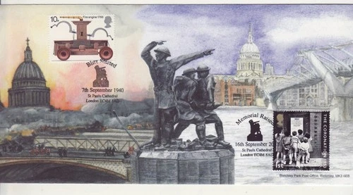 GB Stamps Souvenir Cover Bletchley Park Coronation Blitz, firefighters SHS 2003