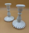 Fenton White Milk Glass Candle Holders in Silver Crest Ruffled Edge Pattern