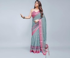 Women's Cotton Linen Printed Saree with Unstitched Blouse Piece