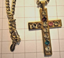 VINTAGE Emmons MULTI COLORED RHINESTONE Gold Tone CROSS CHAIN NECKLACE