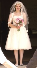 Oleg Cassini Tea Length Wedding Dress, Ivory, Size 10, Beaded Details