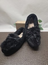 UGG Ansley Fluff Bow Black Suede Sheepskin Slippers Moccasins 1138310 Women 6
