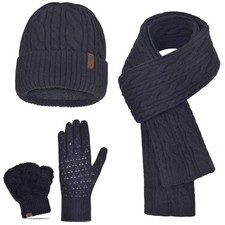 Beanie Hat Gloves Scarf Set for Men Winter Warm Knit Knitted One Size, Black