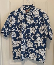 Vintage Hilo Hattie Classic Hibiscus Aloha Shirt M blue and white