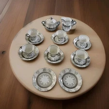 Sterling China Japan Vintage Tea Rose Expresso 19 Piece Set EUC Platinum Trim