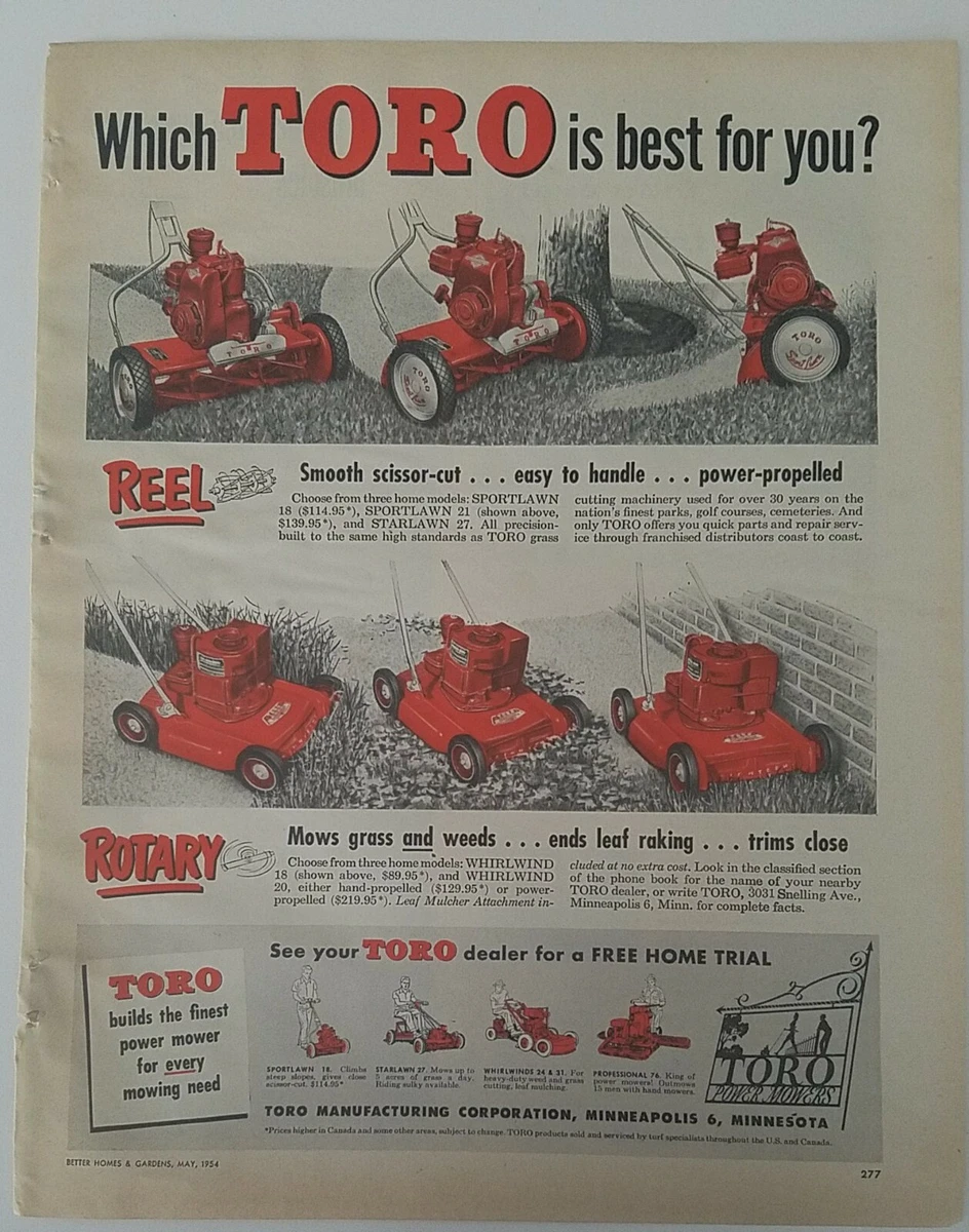 1954 Toro reel rotary lawn mower which is best for you vintage color ad