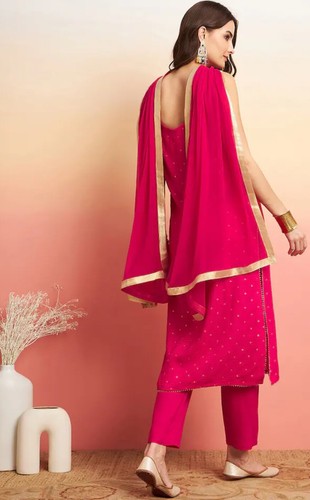 Indian Wear; Women Ethnic Printed Gotta Patti Straight Kurta Trouser and dupatta - Picture 9 of 17