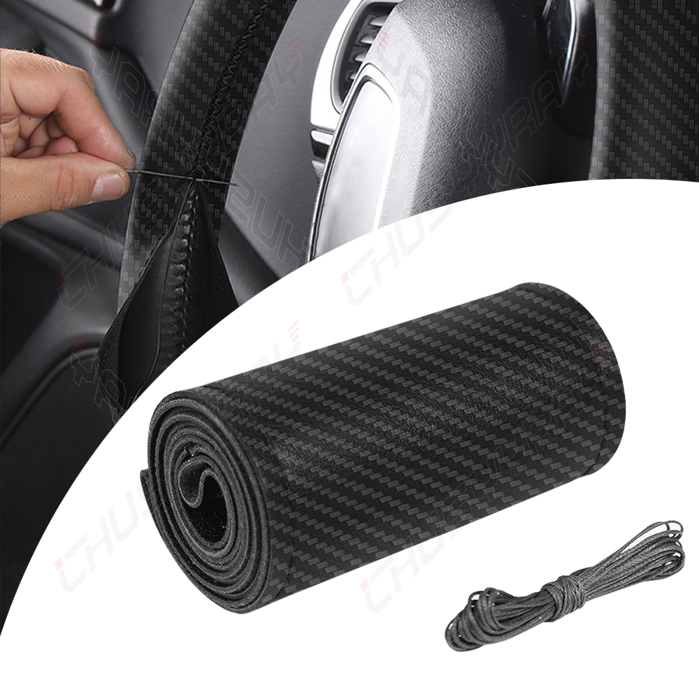 15'' Carbon Fiber Black Leather Car Steering Wheel Cover Breathable Non-slip US