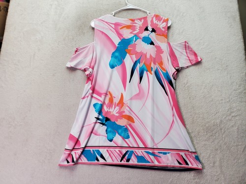 JM Collection Blouse Womens 1X Pink Multi Floral Cold Shoulder Sleeve Round Neck - Picture 2 of 10