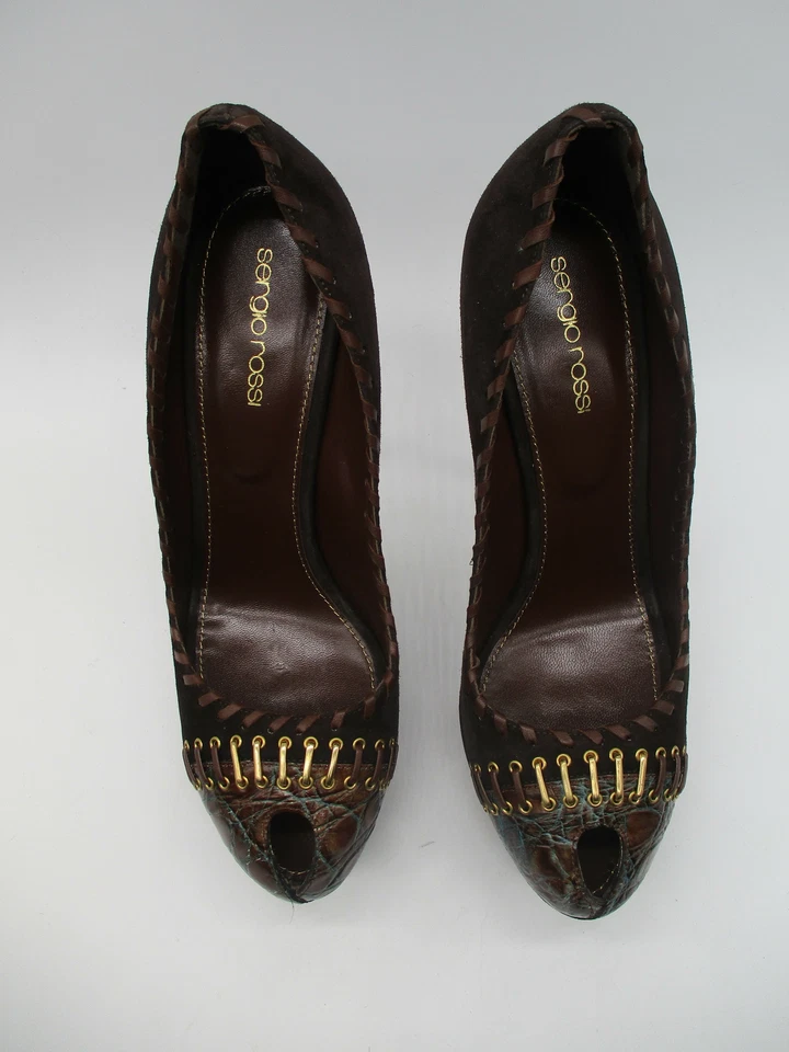 SERGIO ROSSI marrón gamuza Scarpe Donna tacón romo plataforma peep toe bomba talla 39 Foto 2 de 4
