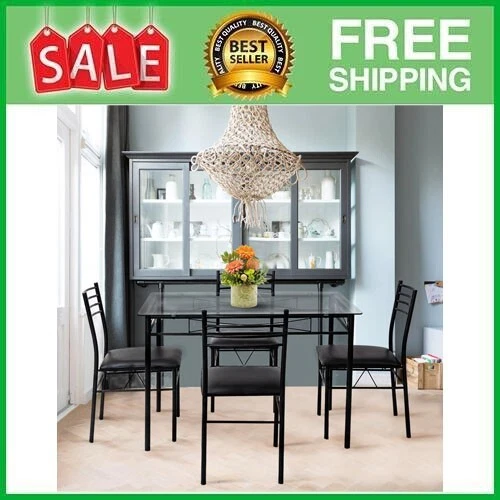 Gymax 5 Piece Dining Set Glass Top Table 4 Upholstered Chairs Kitchen Room