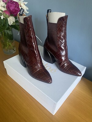 NWD Chloe Croc-Embossed Ankle Boots, Brown, EU39