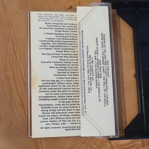 Indiana Jones Raiders of the Lost Ark Soundtrack Cassette 1981 John Williams - Picture 6 of 6