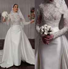 High Neck Lace Appliques Full Sleeves Wedding Dress Mermaid Beaded Bridal Gowns